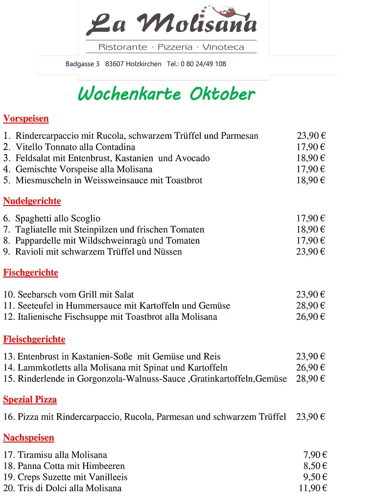 Wochenkarte - Ristorante Pizzeria La Molisana